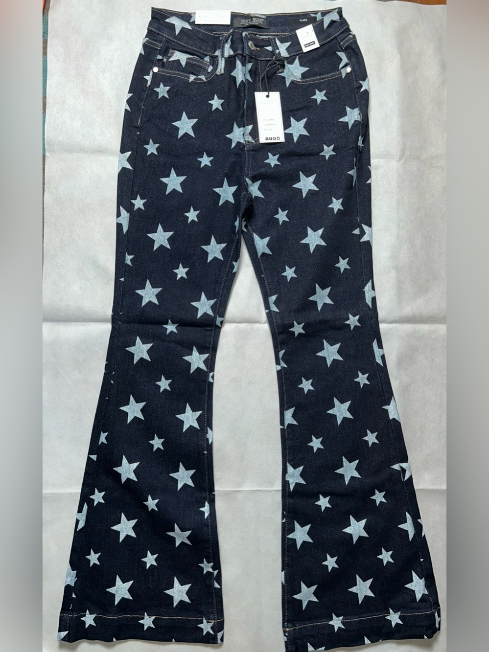 Judy blue denim star print flare high rise pants NWT size 7/28